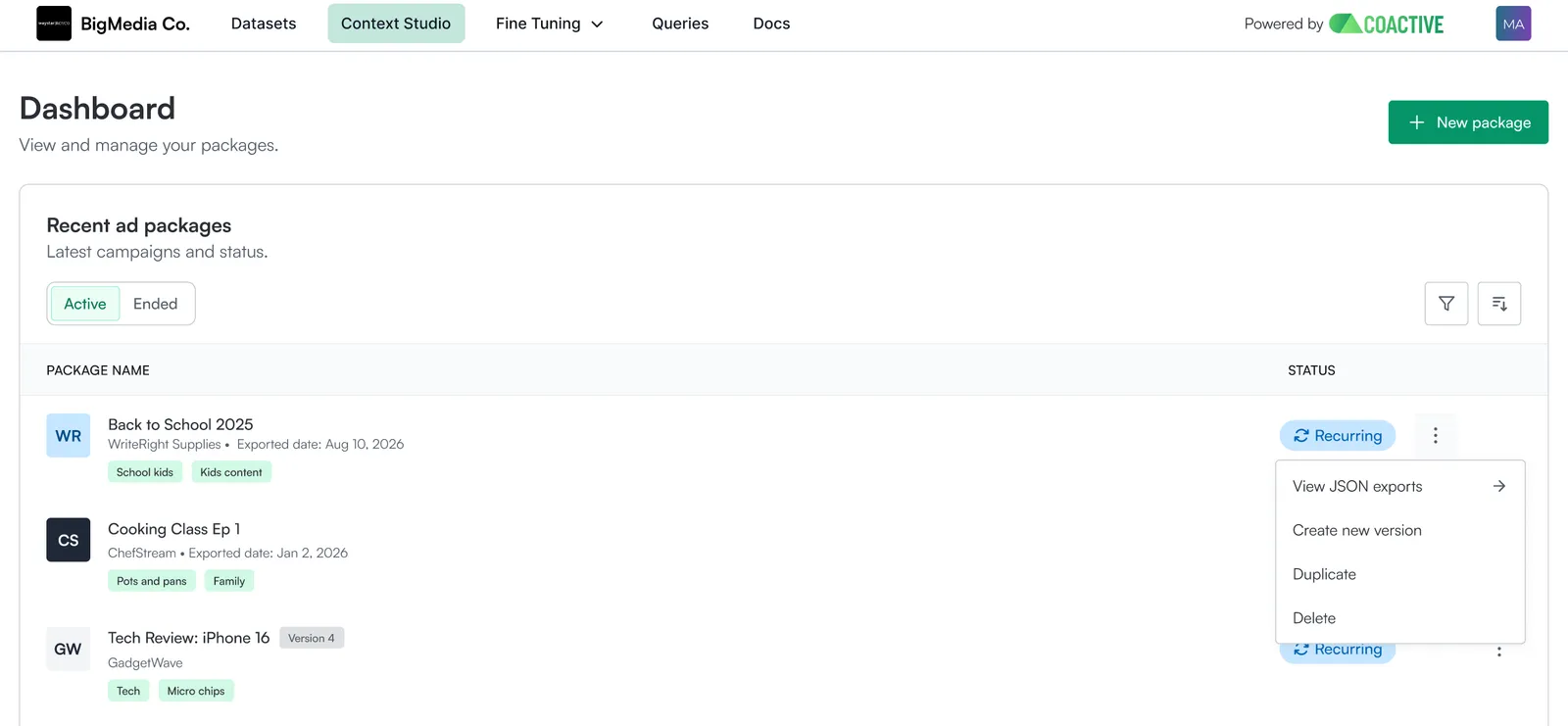 The Context Studio dashboard with a package's ⋮ menu open, showing Create a new version among View JSON exports, Duplicate, and Delete