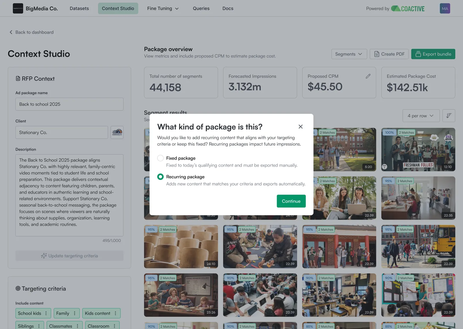 The "What kind of package is this?" modal in Context Studio with Fixed package and Recurring package options, Recurring package selected