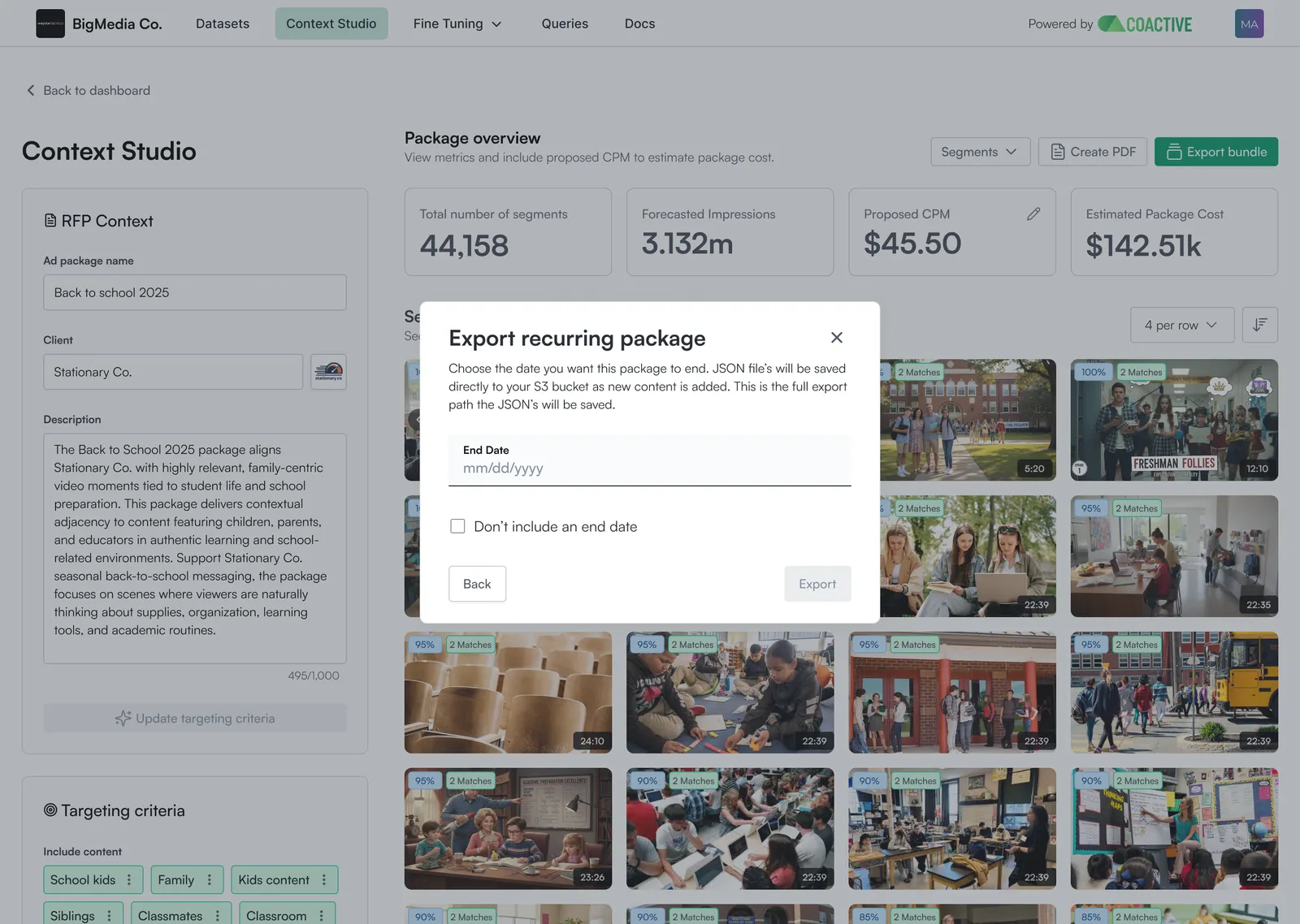 The "Export recurring package" modal with an End Date field and a "Don't include an end date" checkbox