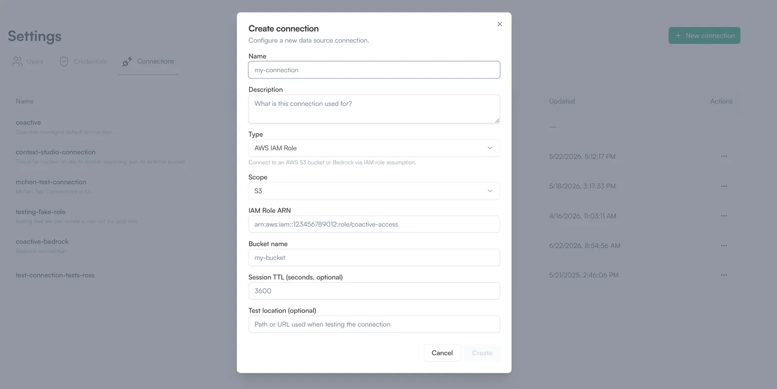 The Create connection modal in Coactive Settings with fields for Name, Description, Type, Scope, IAM Role ARN, Bucket name, Session TTL, and Test location