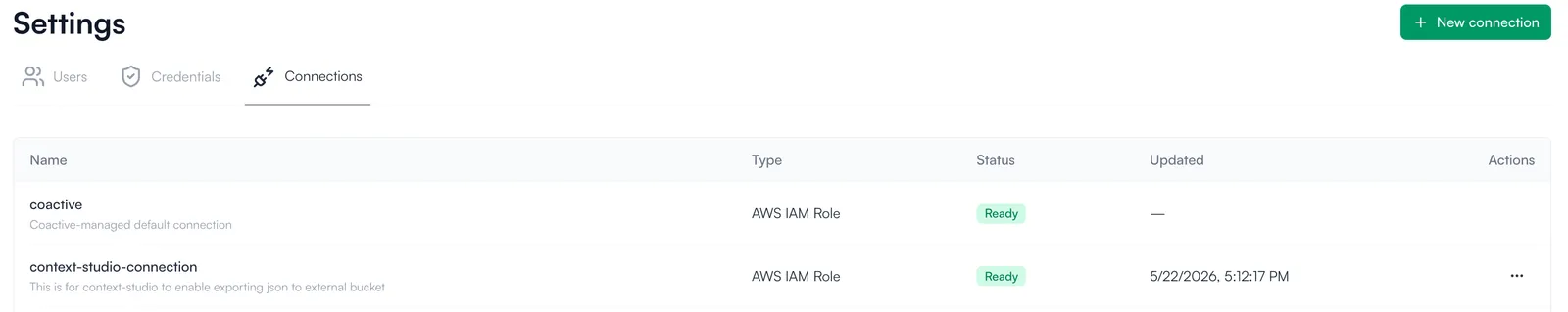 The Connections table showing a coactive default connection and a context-studio-connection, both with Ready status