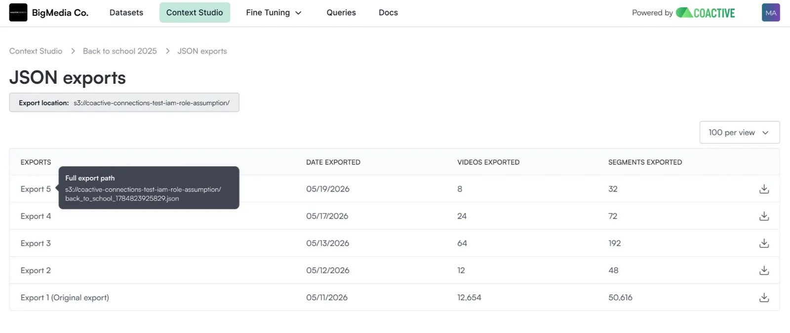 The JSON exports page for a package showing the Export location banner and a hovered export row revealing its Full export path