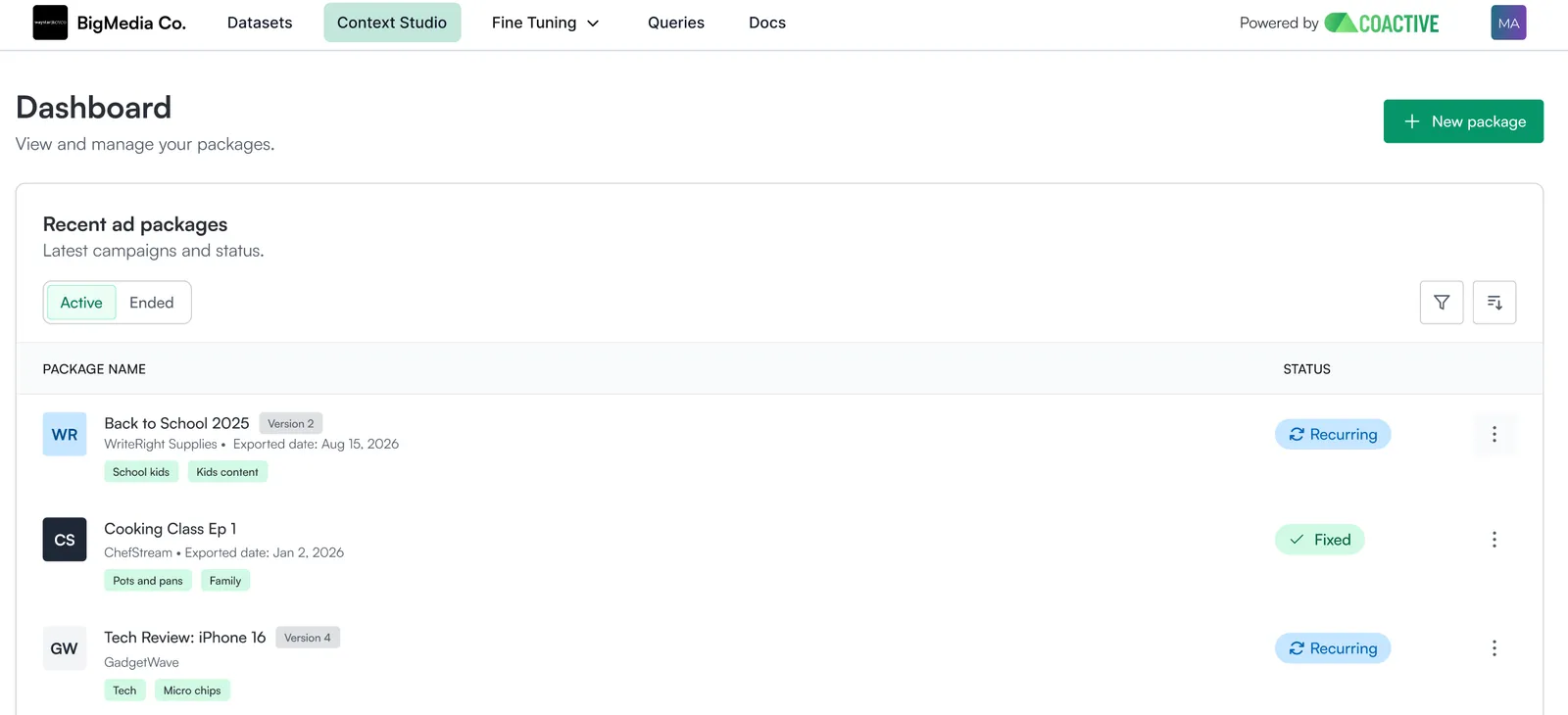 The Context Studio dashboard Active/Ended view showing a package with a Version 2 label