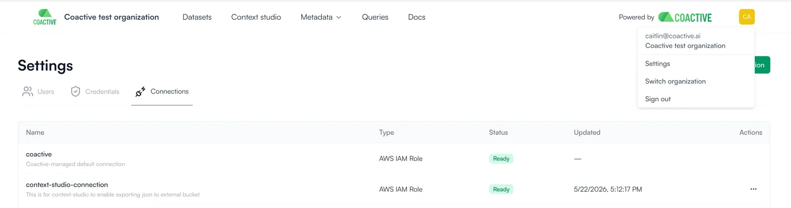 Coactive Settings page open to the Connections tab with the profile menu expanded, showing existing connections in a table
